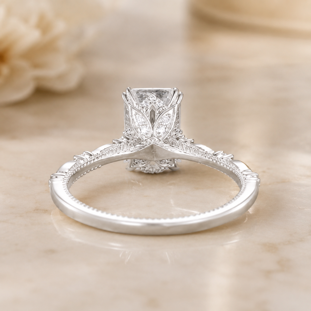 1.00 CT Emerald Cut Lab-Grown Diamond Engagement Ring in 14K White Gold – Hidden Halo Engraved Solitaire Design