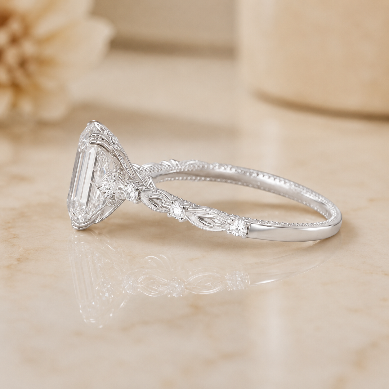 1.00 CT Emerald Cut Lab-Grown Diamond Engagement Ring in 14K White Gold – Hidden Halo Engraved Solitaire Design