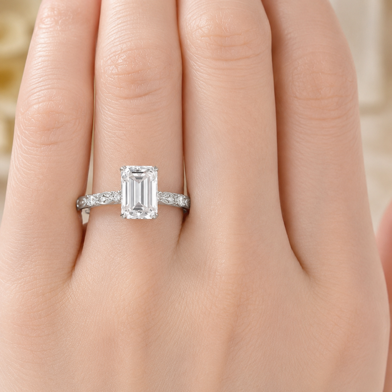 1.00 CT Emerald Cut Lab-Grown Diamond Engagement Ring in 14K White Gold – Hidden Halo Engraved Solitaire Design