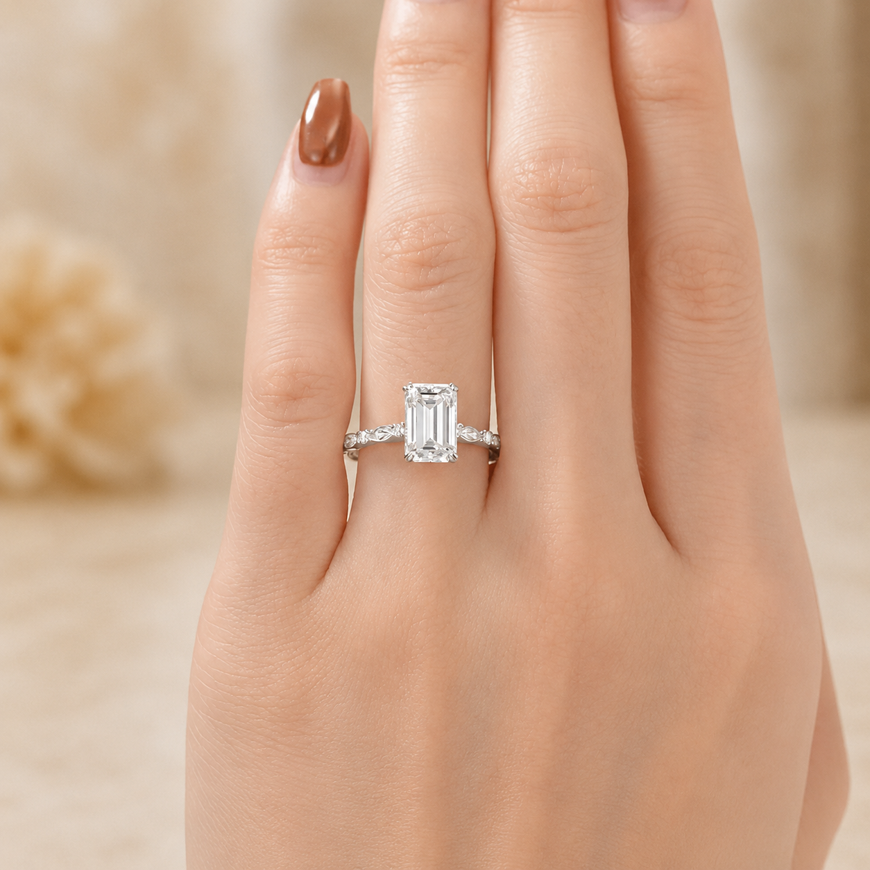 1.00 CT Emerald Cut Lab-Grown Diamond Engagement Ring in 14K White Gold – Hidden Halo Engraved Solitaire Design