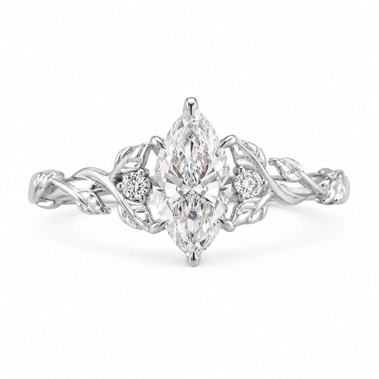 1.00 CT Marquise Lab-Grown Diamond Engagement Ring in 14K White Gold – Engraved Leaf Design Promise Ring