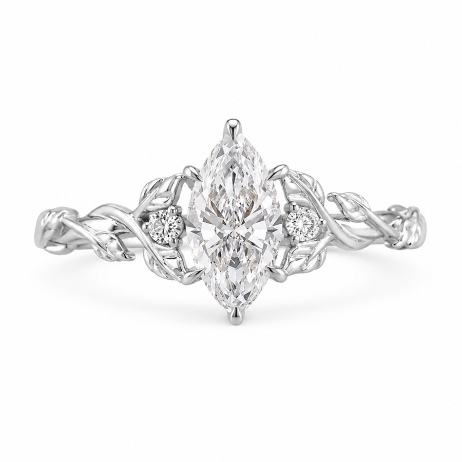 1.00 CT Marquise Lab-Grown Diamond Engagement Ring in 14K White Gold – Engraved Leaf Design Promise Ring