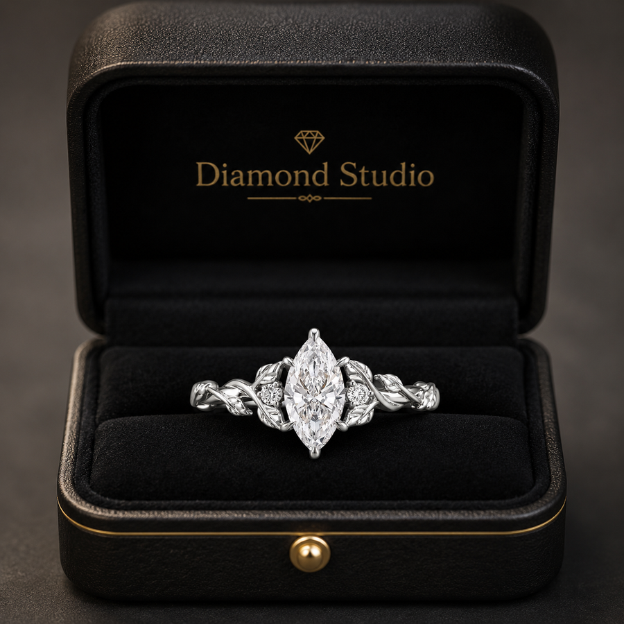 1.00 CT Marquise Lab-Grown Diamond Engagement Ring in 14K White Gold – Engraved Leaf Design Promise Ring