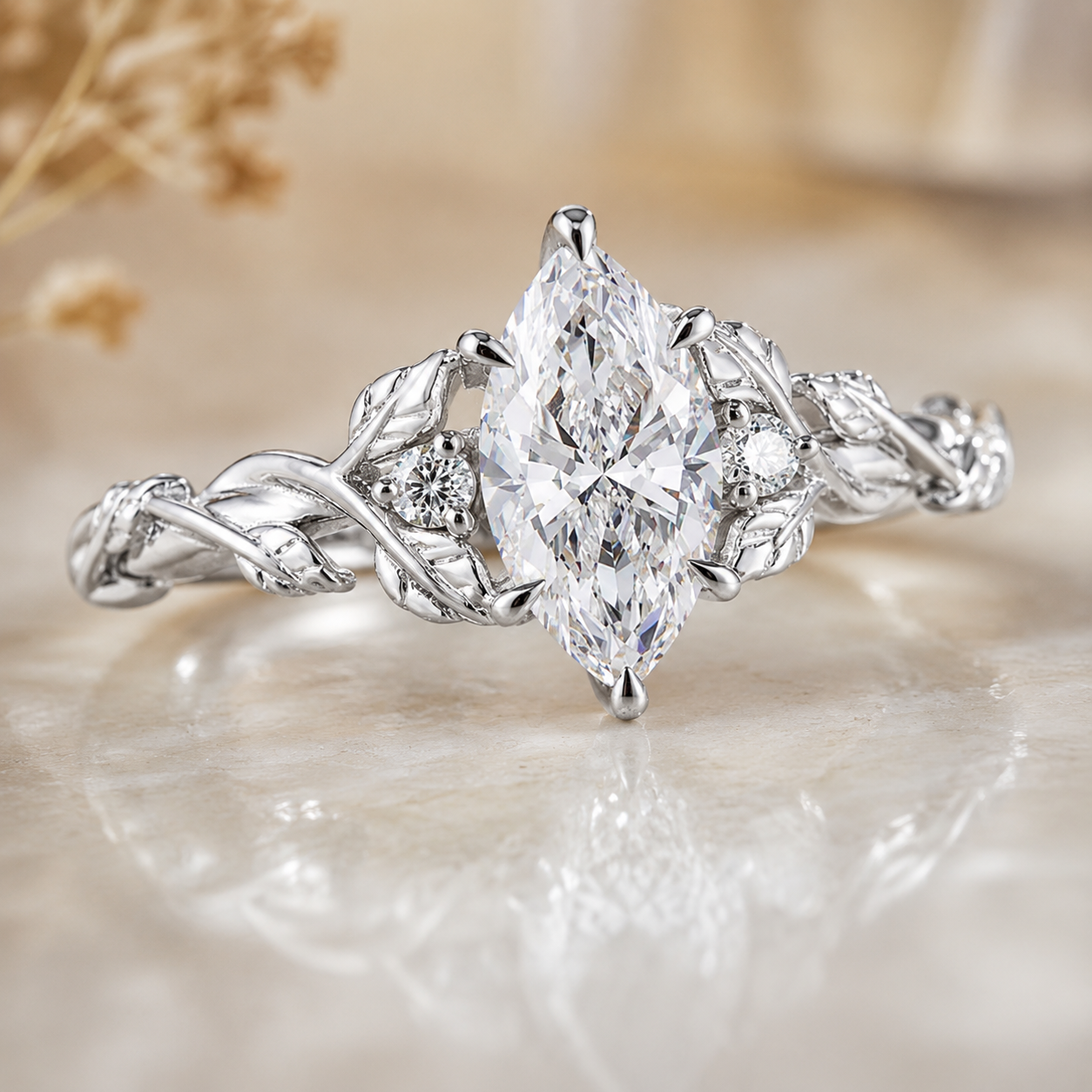 1.00 CT Marquise Lab-Grown Diamond Engagement Ring in 14K White Gold – Engraved Leaf Design Promise Ring