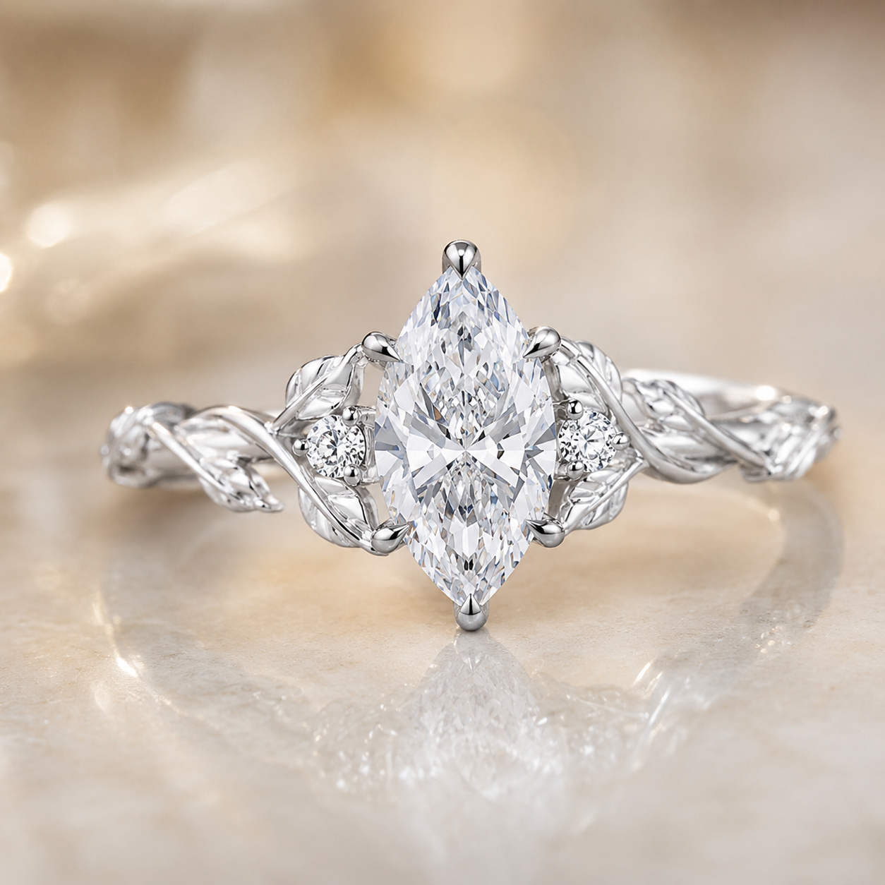 1.00 CT Marquise Lab-Grown Diamond Engagement Ring in 14K White Gold – Engraved Leaf Design Promise Ring
