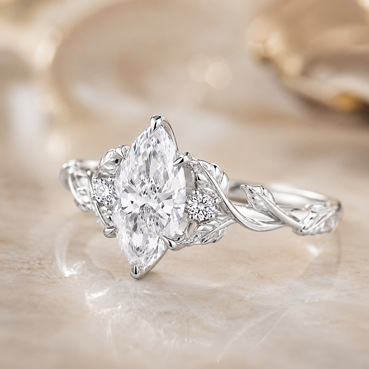 1.00 CT Marquise Lab-Grown Diamond Engagement Ring in 14K White Gold – Engraved Leaf Design Promise Ring