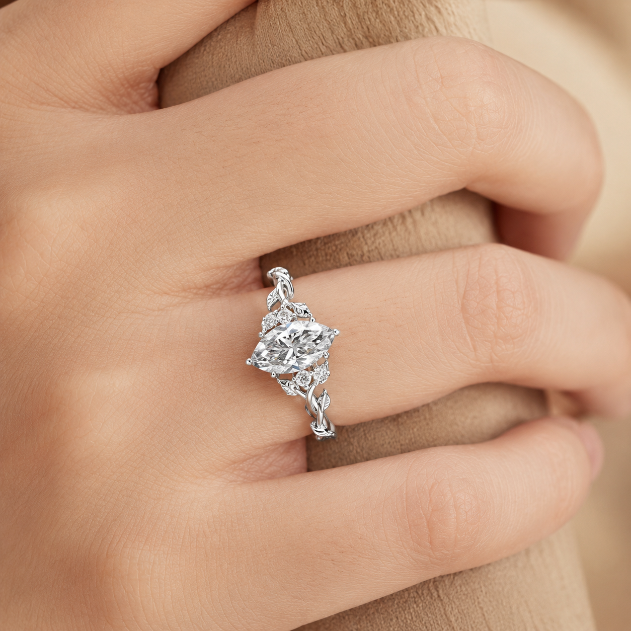 1.00 CT Marquise Lab-Grown Diamond Engagement Ring in 14K White Gold – Engraved Leaf Design Promise Ring