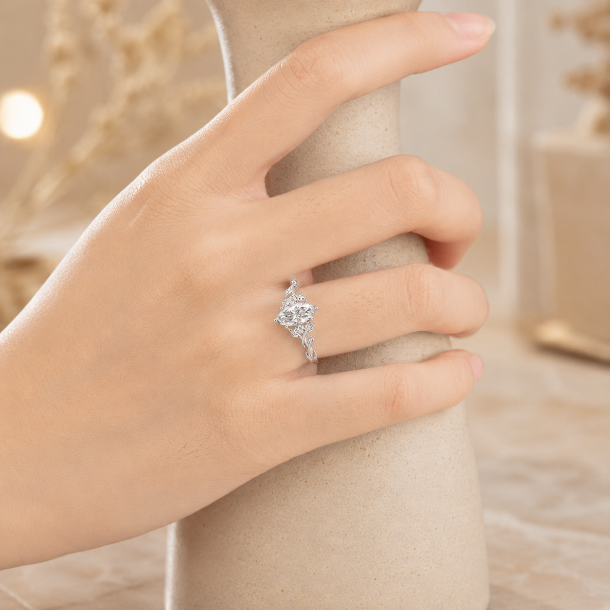 1.00 CT Marquise Lab-Grown Diamond Engagement Ring in 14K White Gold – Engraved Leaf Design Promise Ring