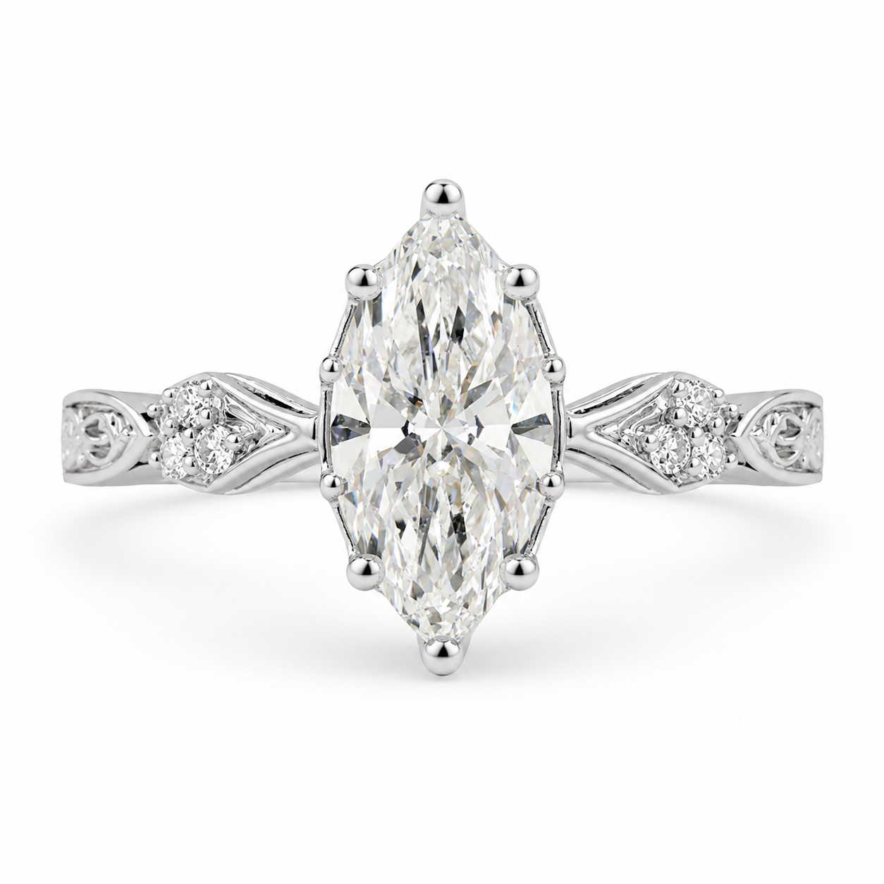2.20 CT Vintage Inspired Marquise Lab-Grown Diamond Bridal Set in 14K White Gold – Hand-Engraved Art Deco Cluster Design