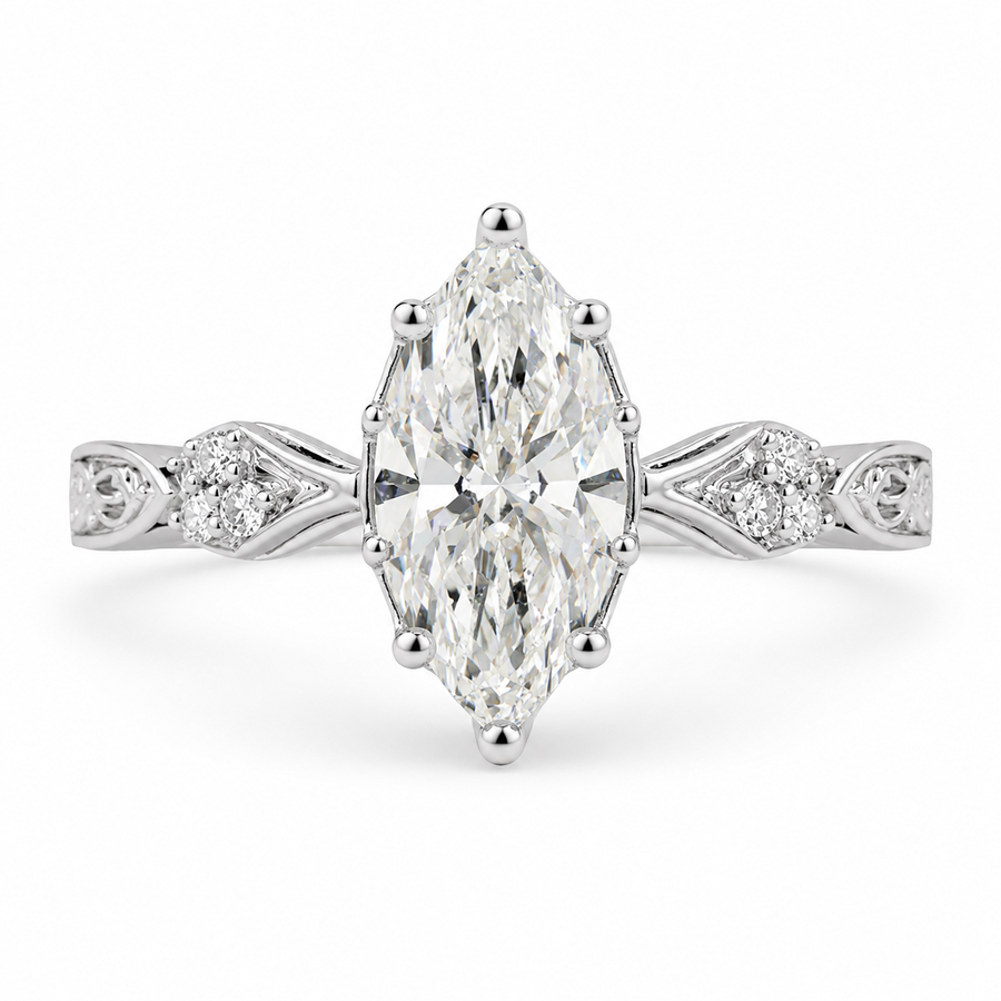 2.20 CT Vintage Inspired Marquise Lab-Grown Diamond Bridal Set in 14K White Gold – Hand-Engraved Art Deco Cluster Design