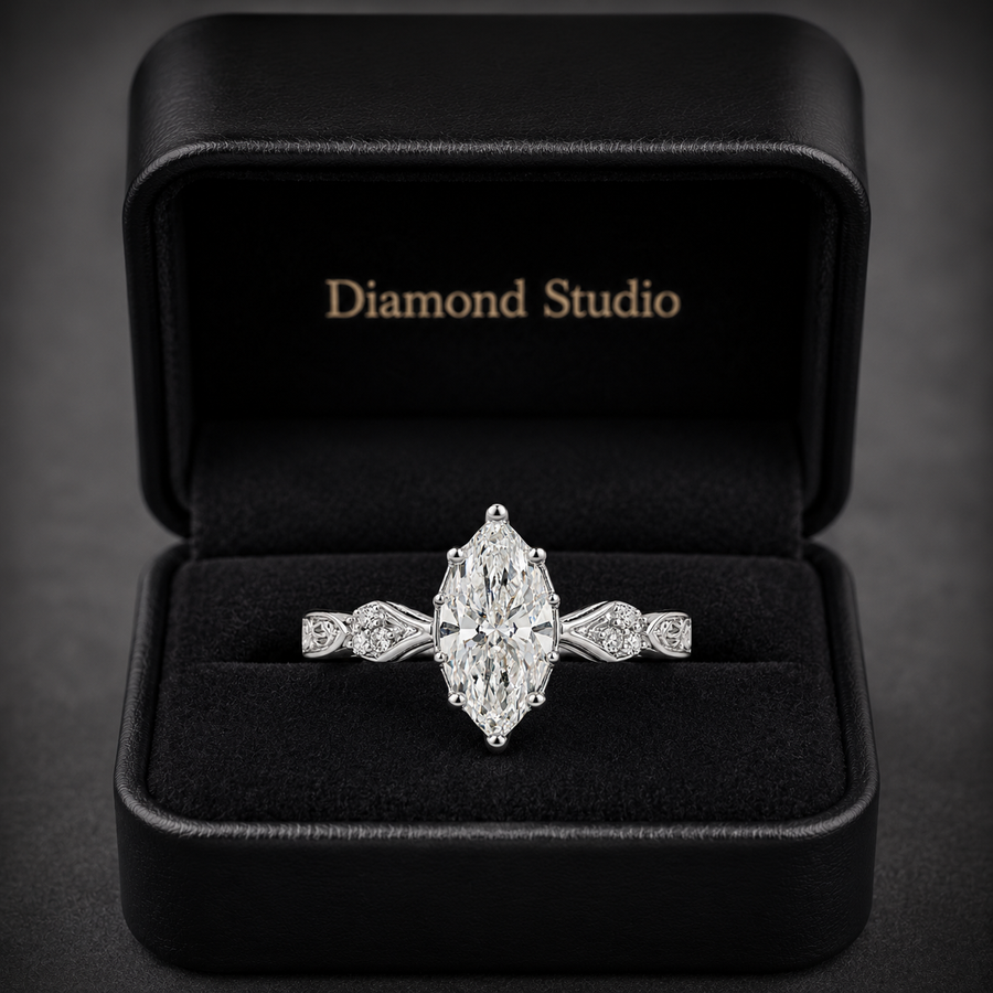 2.20 CT Vintage Inspired Marquise Lab-Grown Diamond Bridal Set in 14K White Gold – Hand-Engraved Art Deco Cluster Design