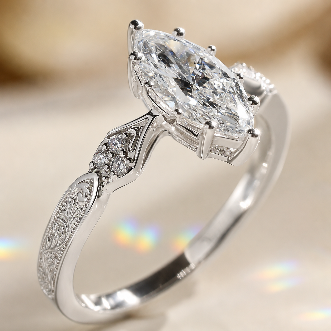 2.20 CT Vintage Inspired Marquise Lab-Grown Diamond Bridal Set in 14K White Gold – Hand-Engraved Art Deco Cluster Design