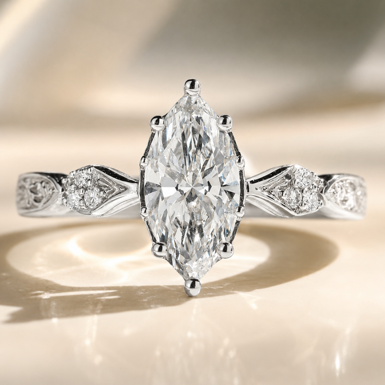 2.20 CT Vintage Inspired Marquise Lab-Grown Diamond Bridal Set in 14K White Gold – Hand-Engraved Art Deco Cluster Design