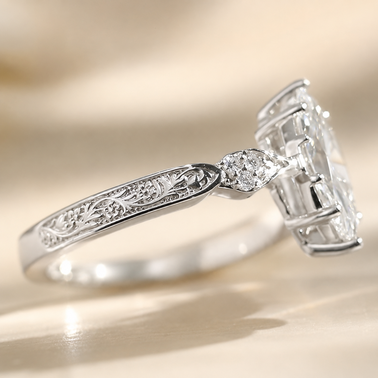 2.20 CT Vintage Inspired Marquise Lab-Grown Diamond Bridal Set in 14K White Gold – Hand-Engraved Art Deco Cluster Design
