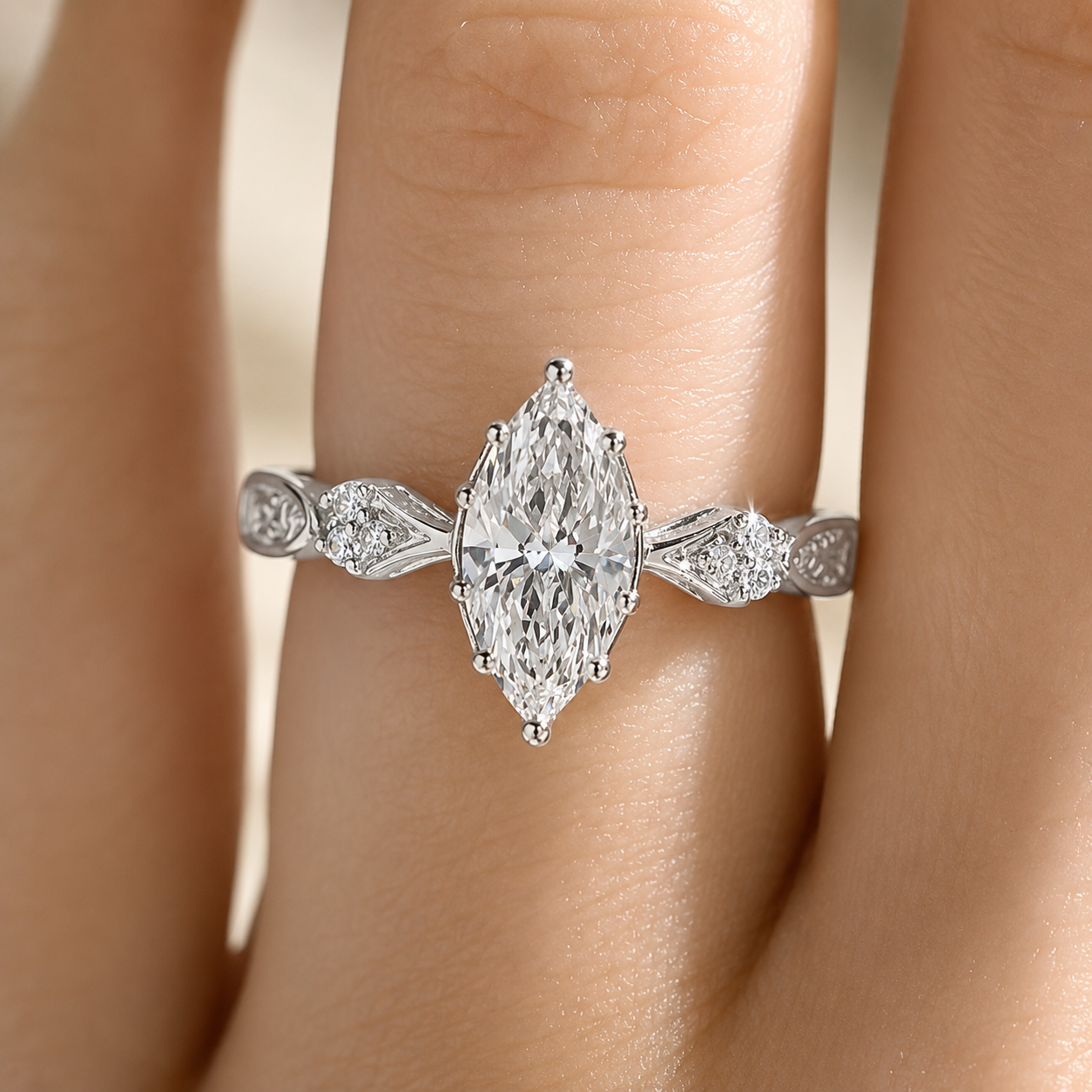 2.20 CT Vintage Inspired Marquise Lab-Grown Diamond Bridal Set in 14K White Gold – Hand-Engraved Art Deco Cluster Design
