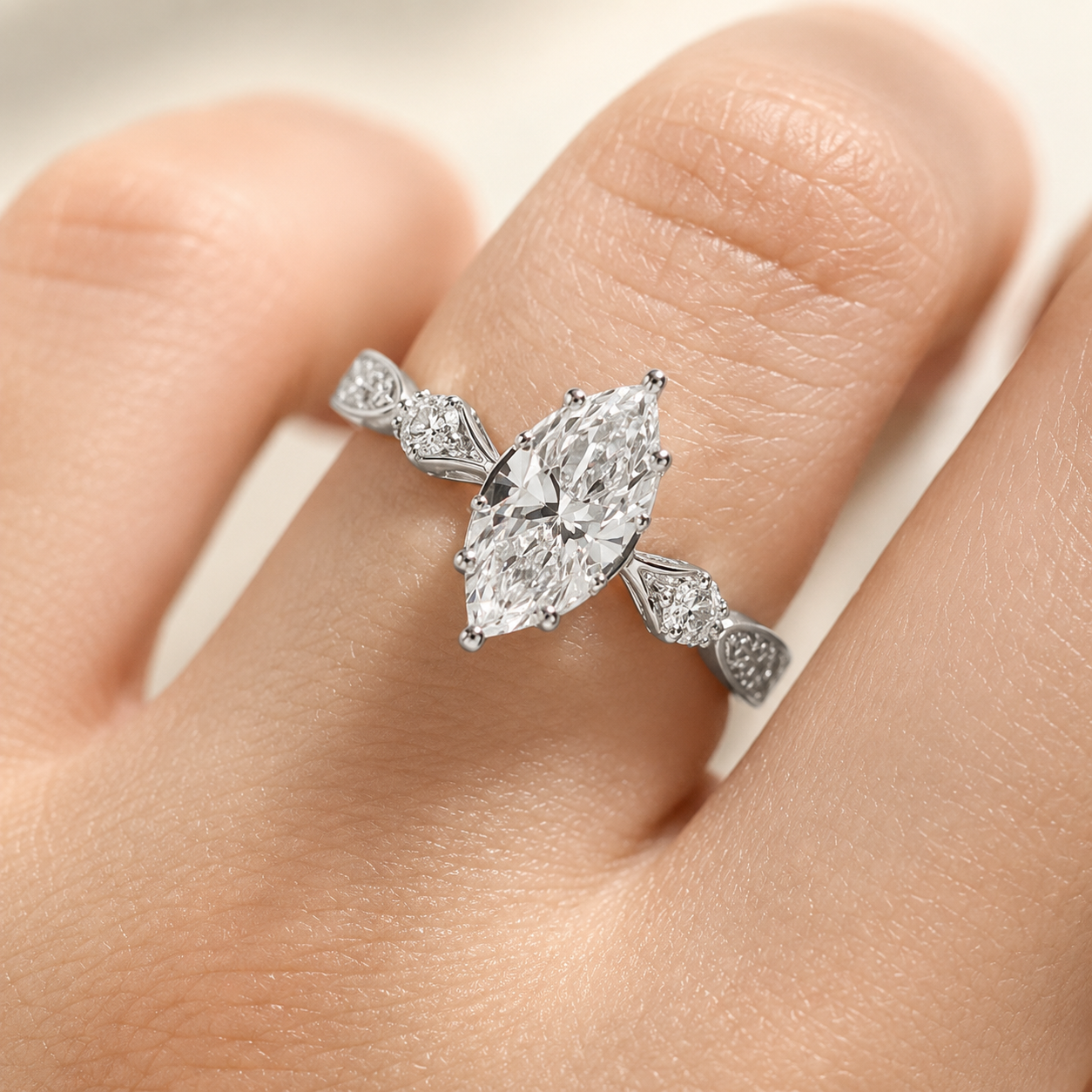 2.20 CT Vintage Inspired Marquise Lab-Grown Diamond Bridal Set in 14K White Gold – Hand-Engraved Art Deco Cluster Design