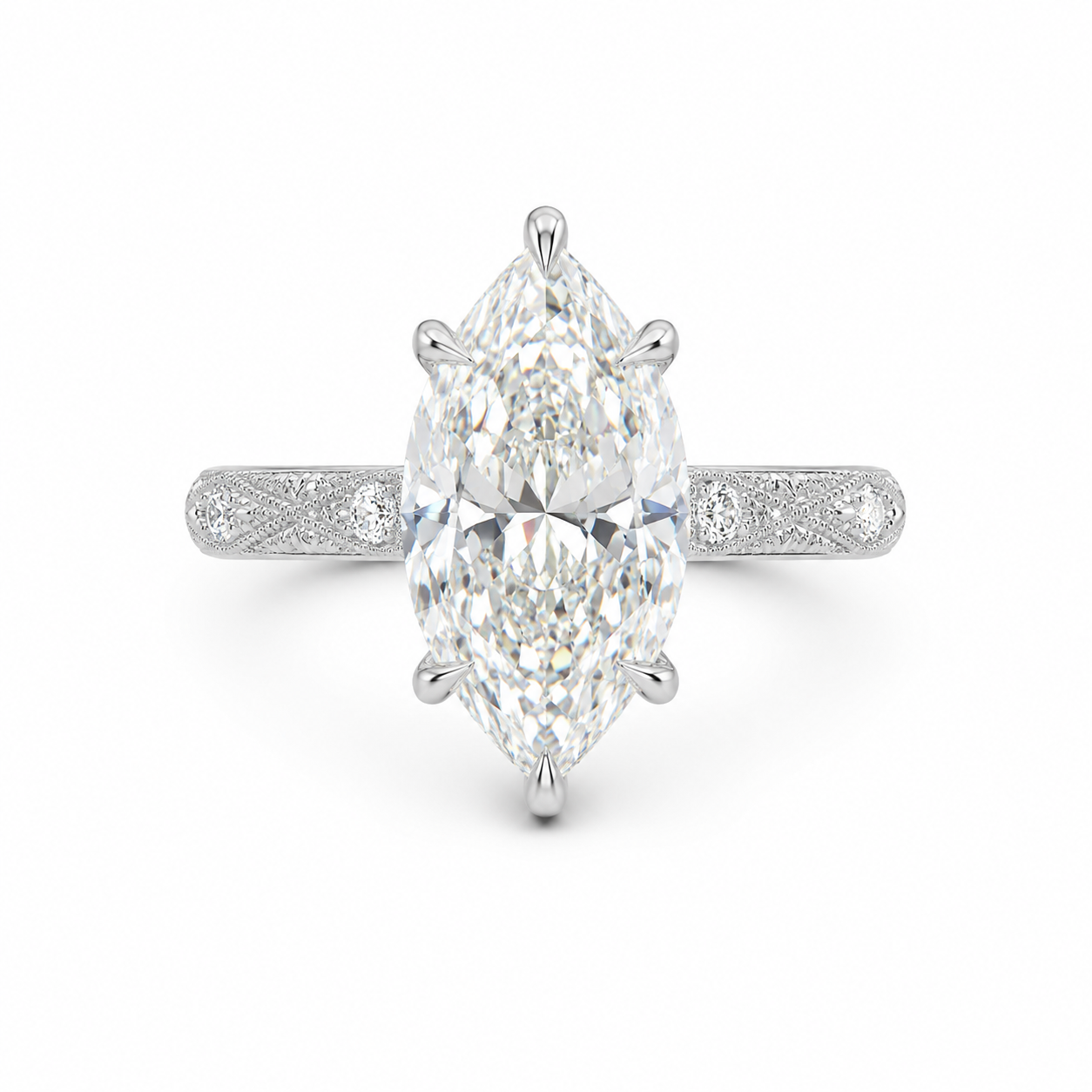 3.00 CT Vintage Marquise Lab-Grown Diamond Engagement Ring in 14K White Gold – Hand-Engraved Solitaire Design