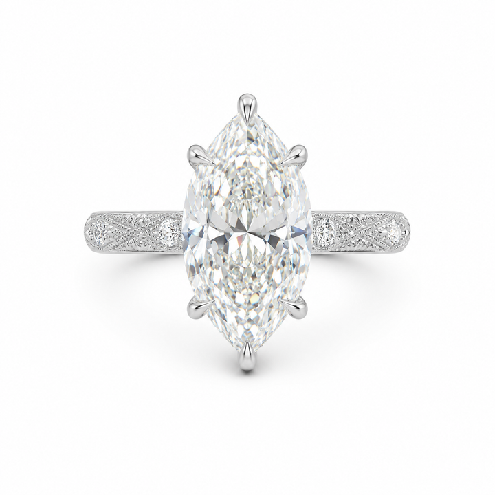 3.00 CT Vintage Marquise Lab-Grown Diamond Engagement Ring in 14K White Gold â€“ Hand-Engraved Solitaire Design from Diamond Studio