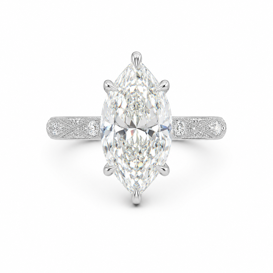 3.00 CT Vintage Marquise Lab-Grown Diamond Engagement Ring in 14K White Gold – Hand-Engraved Solitaire Design