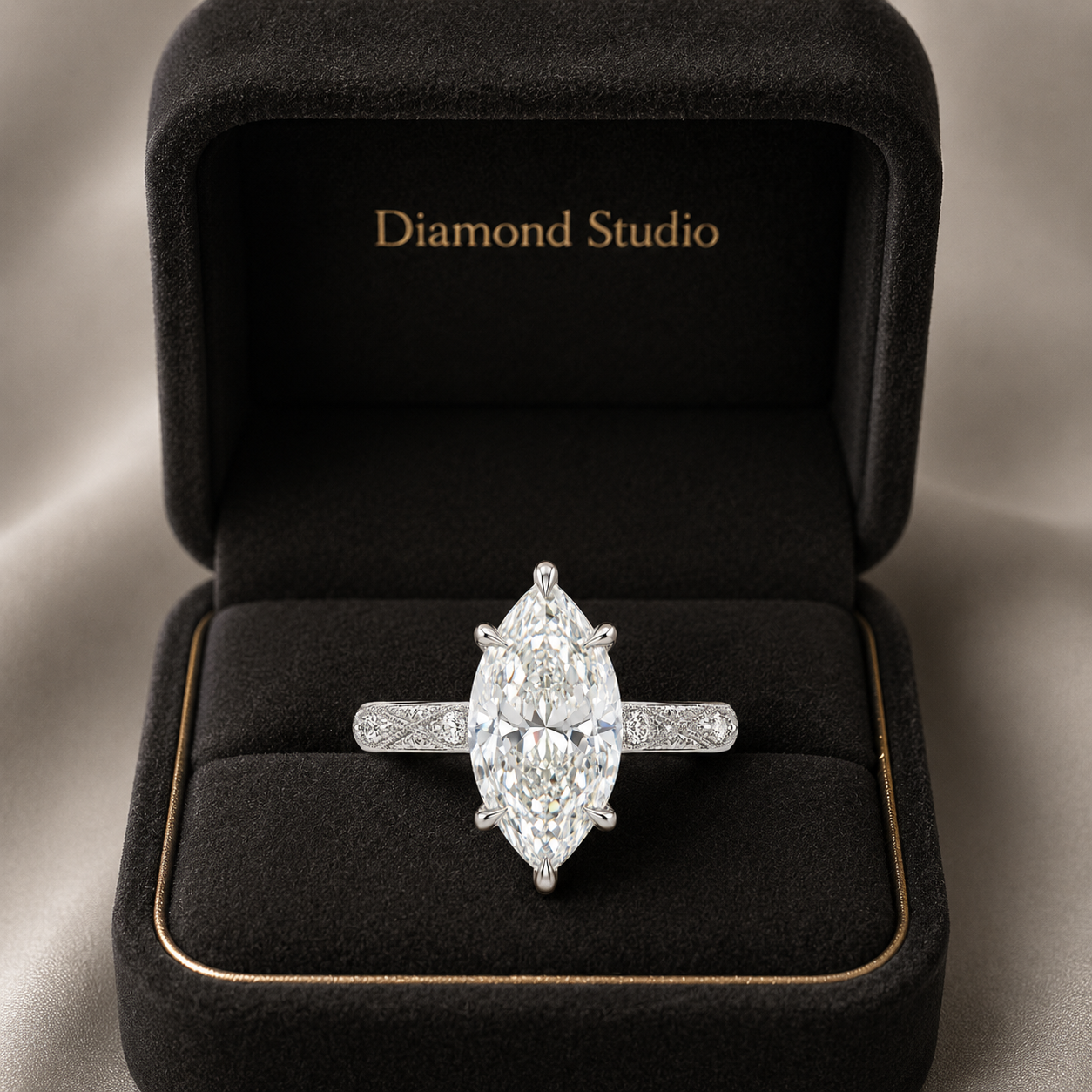 3.00 CT Vintage Marquise Lab-Grown Diamond Engagement Ring in 14K White Gold – Hand-Engraved Solitaire Design