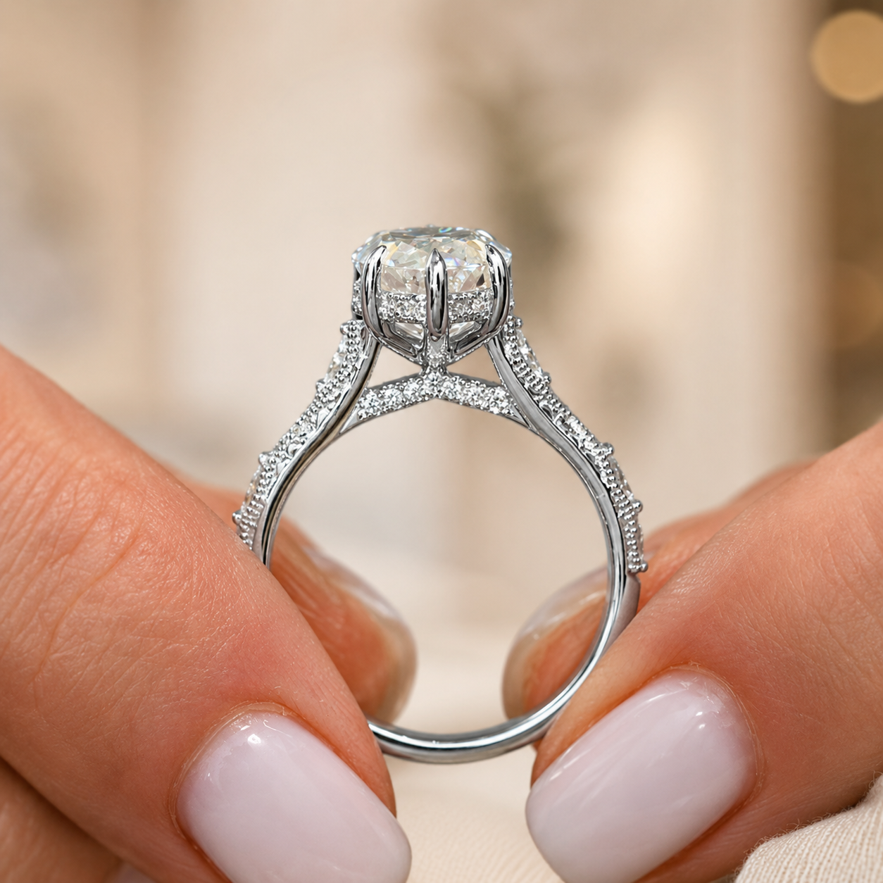 3.00 CT Vintage Marquise Lab-Grown Diamond Engagement Ring in 14K White Gold – Hand-Engraved Solitaire Design