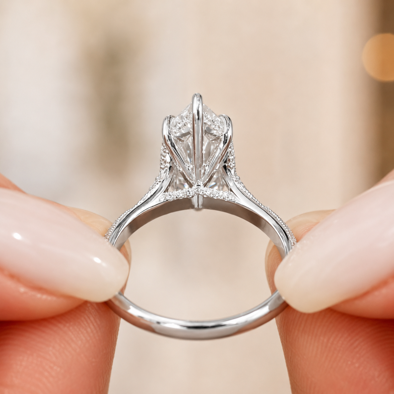 3.00 CT Vintage Marquise Lab-Grown Diamond Engagement Ring in 14K White Gold – Hand-Engraved Solitaire Design