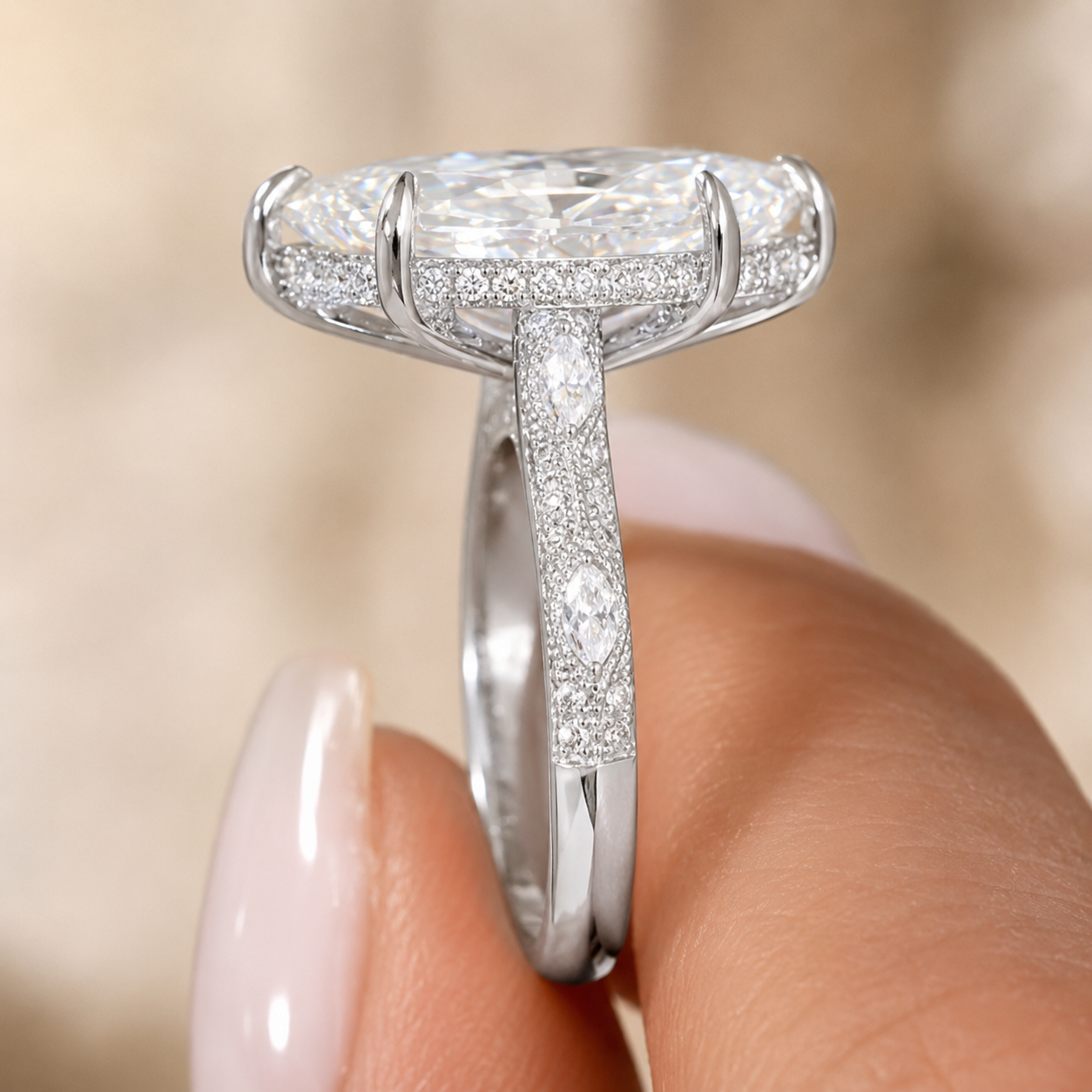 3.00 CT Vintage Marquise Lab-Grown Diamond Engagement Ring in 14K White Gold – Hand-Engraved Solitaire Design