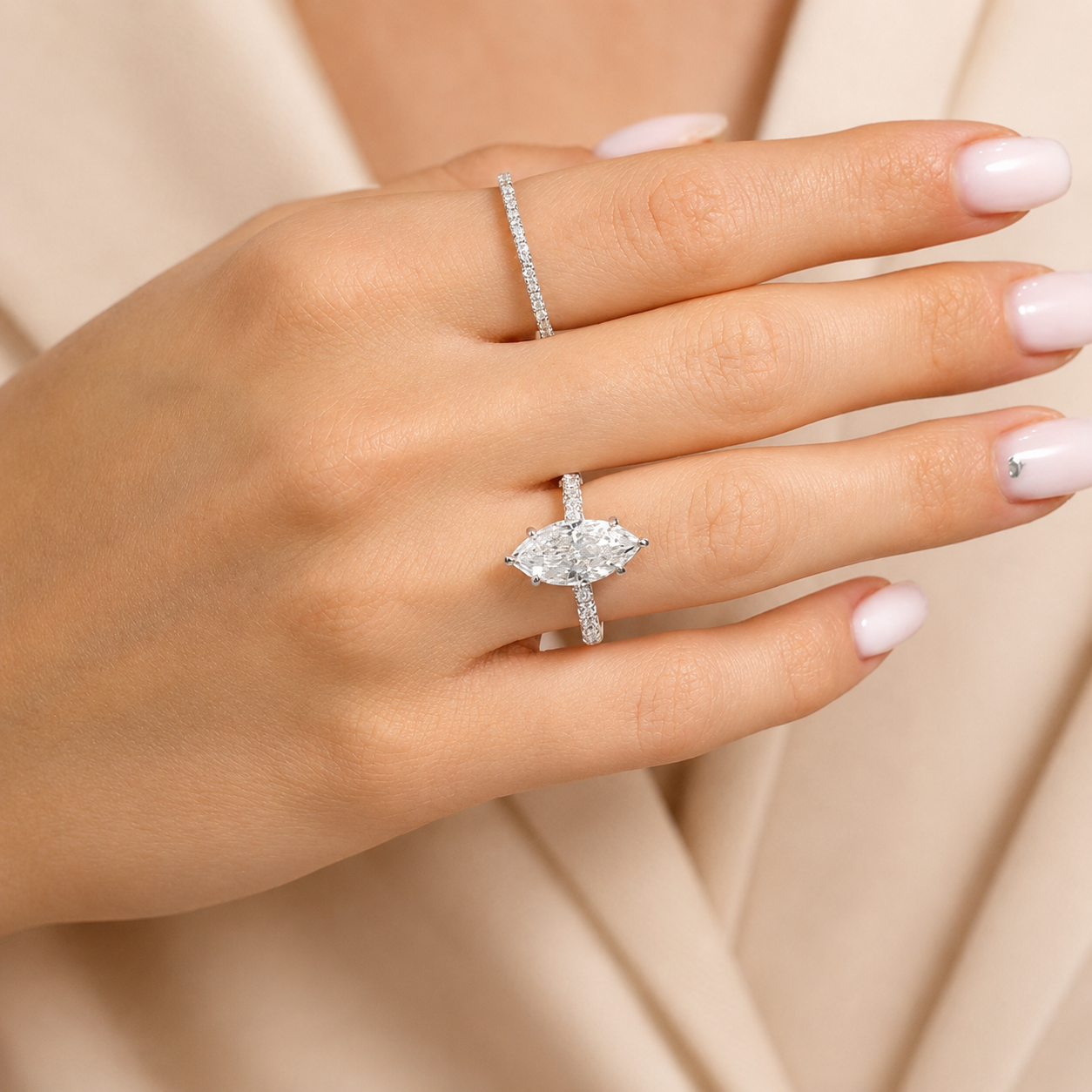 3.00 CT Vintage Marquise Lab-Grown Diamond Engagement Ring in 14K White Gold – Hand-Engraved Solitaire Design