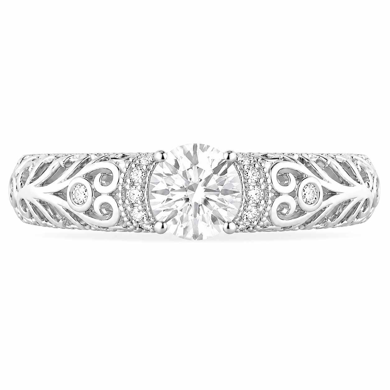 1.30 CT Lab-Grown Diamond Openwork Engagement Ring in 14K White Gold – Vintage Engraved Bridal Design