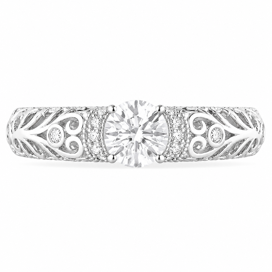 1.30 CT Lab-Grown Diamond Openwork Engagement Ring in 14K White Gold – Vintage Engraved Bridal Design