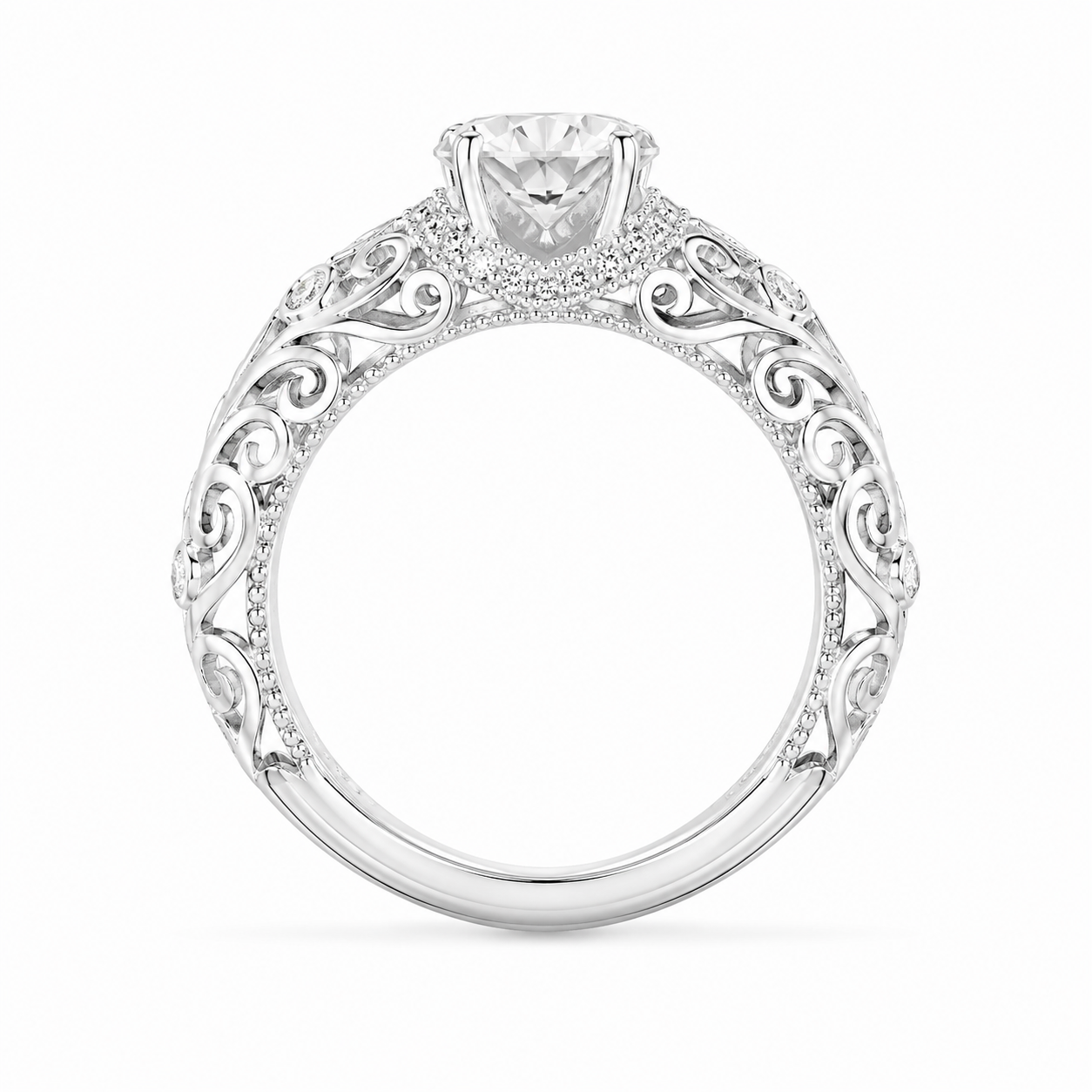 1.30 CT Lab-Grown Diamond Openwork Engagement Ring in 14K White Gold – Vintage Engraved Bridal Design