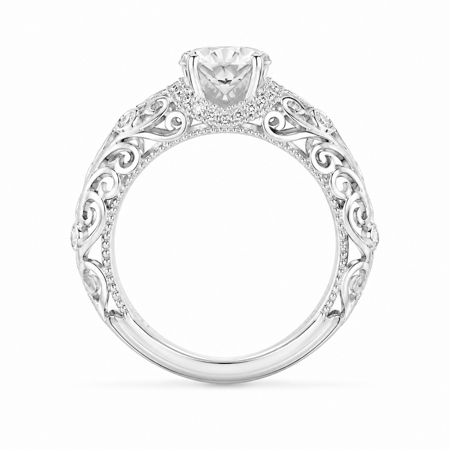 1.30 CT Lab-Grown Diamond Openwork Engagement Ring in 14K White Gold – Vintage Engraved Bridal Design