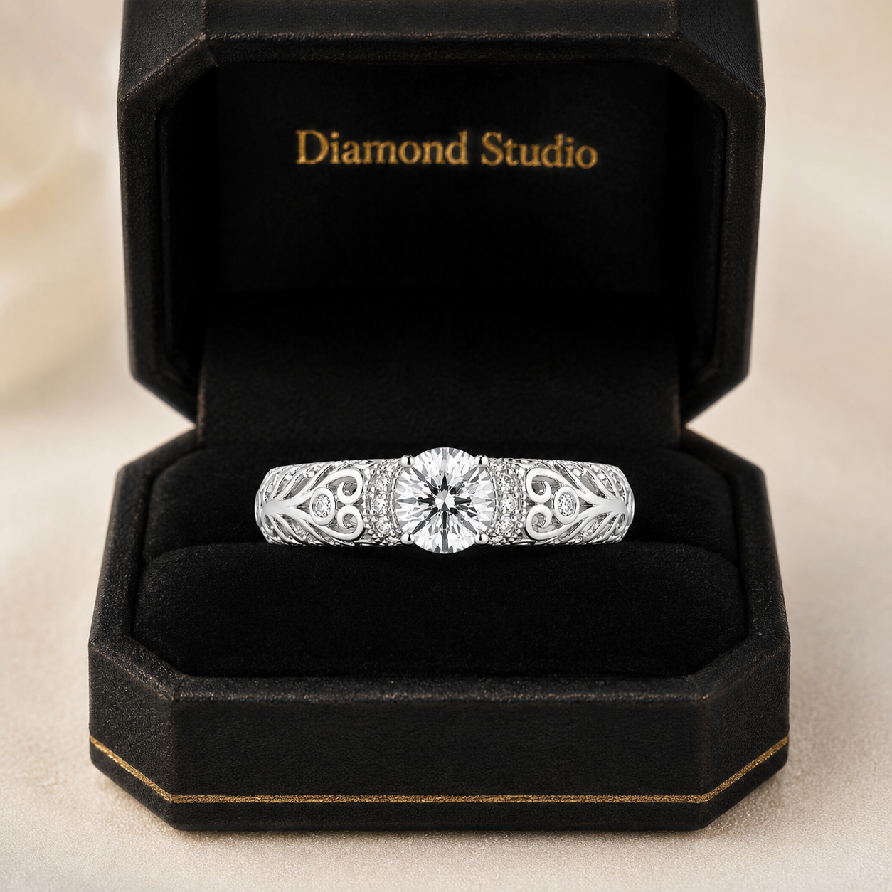 1.30 CT Lab-Grown Diamond Openwork Engagement Ring in 14K White Gold – Vintage Engraved Bridal Design