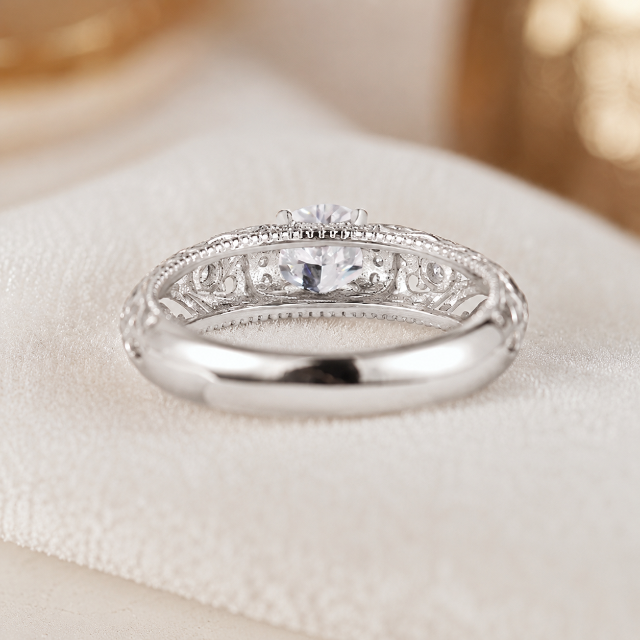 1.30 CT Lab-Grown Diamond Openwork Engagement Ring in 14K White Gold – Vintage Engraved Bridal Design