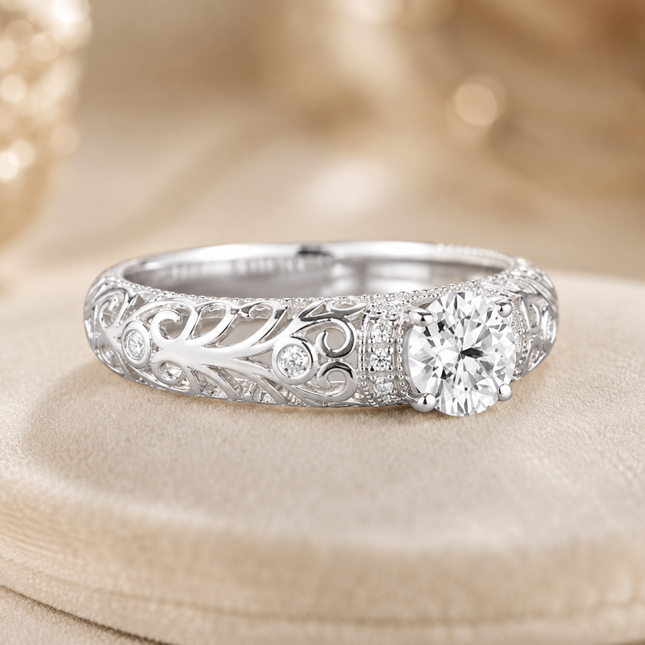 1.30 CT Lab-Grown Diamond Openwork Engagement Ring in 14K White Gold – Vintage Engraved Bridal Design