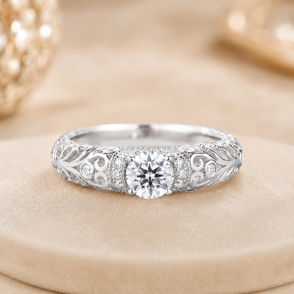 1.30 CT Lab-Grown Diamond Openwork Engagement Ring in 14K White Gold – Vintage Engraved Bridal Design