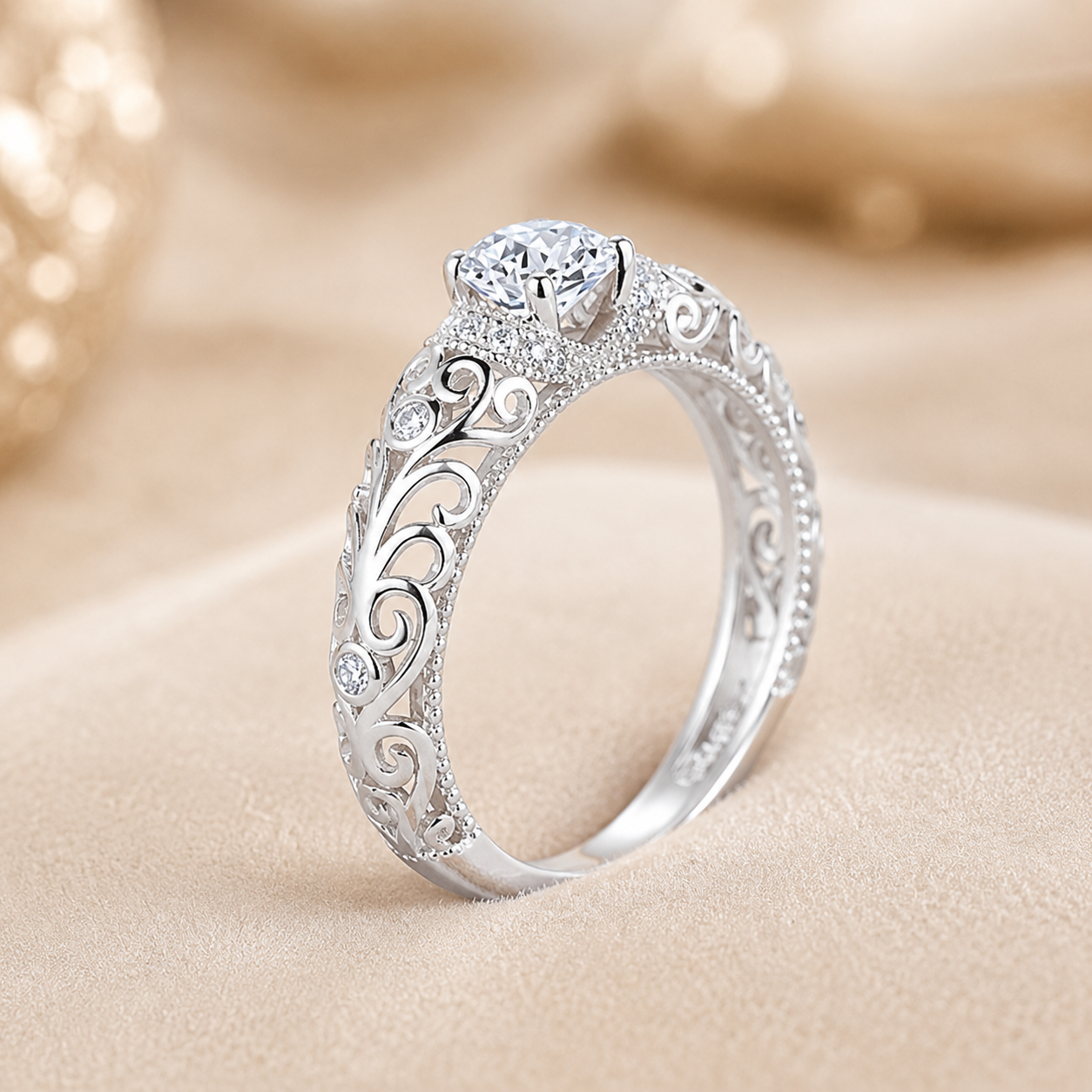 1.30 CT Lab-Grown Diamond Openwork Engagement Ring in 14K White Gold – Vintage Engraved Bridal Design