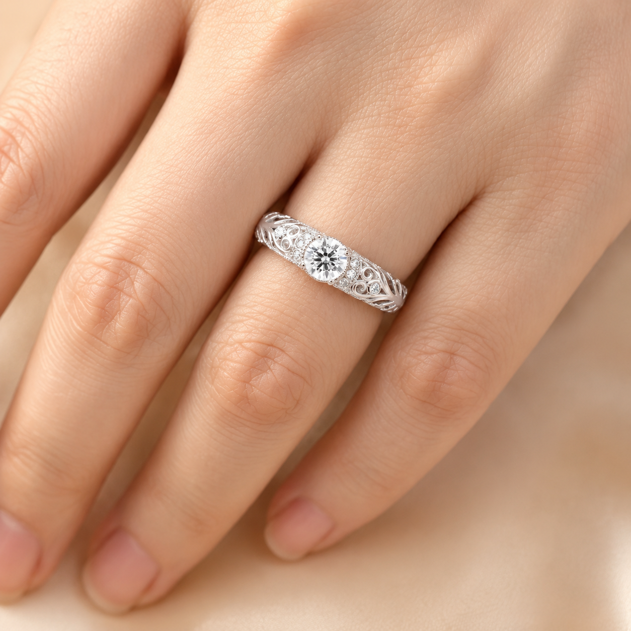 1.30 CT Lab-Grown Diamond Openwork Engagement Ring in 14K White Gold – Vintage Engraved Bridal Design