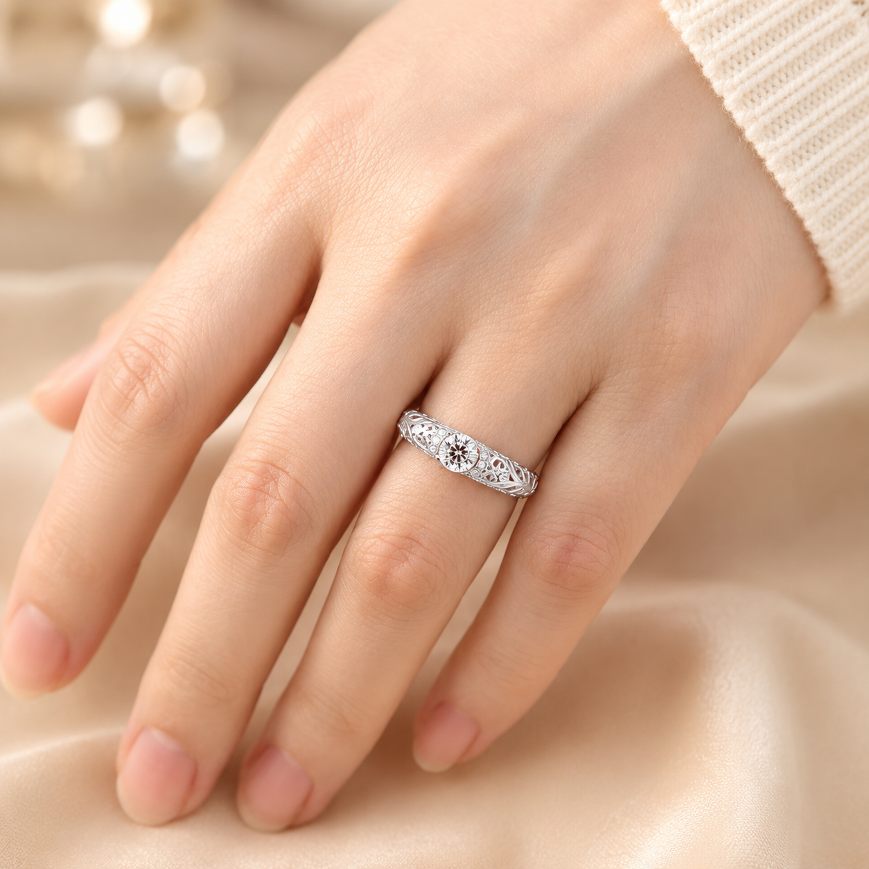 1.30 CT Lab-Grown Diamond Openwork Engagement Ring in 14K White Gold – Vintage Engraved Bridal Design