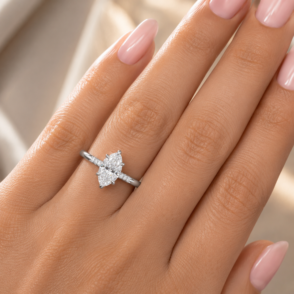 3.00 CT Marquise Cut Lab-Grown Diamond Engagement Ring in 14K White Gold – Tulip Set Engraved Pavé Design
