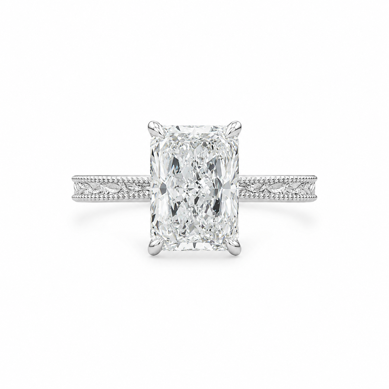 3.00 CT Radiant Lab-Grown Diamond Engagement Ring in 14K White Gold – Vintage Filigree Engraved Design