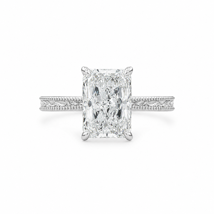 3.00 CT Radiant Lab-Grown Diamond Engagement Ring in 14K White Gold â€“ Vintage Filigree Engraved Design from Diamond Studio