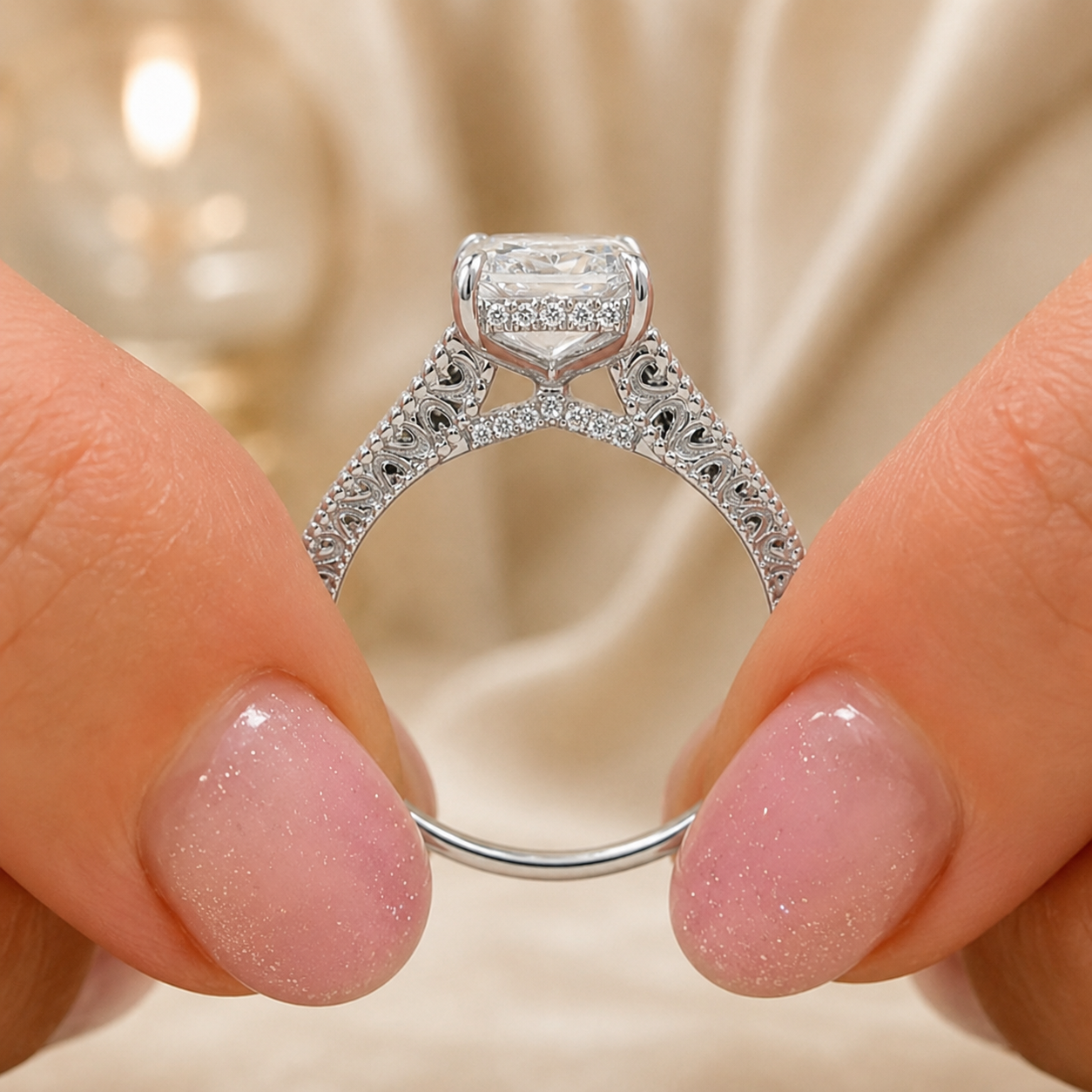 3.00 CT Radiant Lab-Grown Diamond Engagement Ring in 14K White Gold – Vintage Filigree Engraved Design