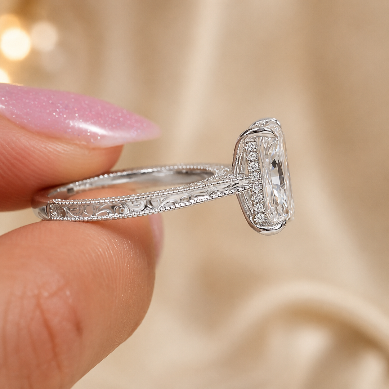 3.00 CT Radiant Lab-Grown Diamond Engagement Ring in 14K White Gold – Vintage Filigree Engraved Design