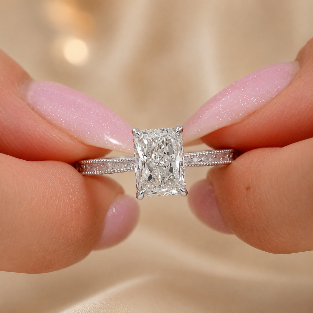 3.00 CT Radiant Lab-Grown Diamond Engagement Ring in 14K White Gold – Vintage Filigree Engraved Design
