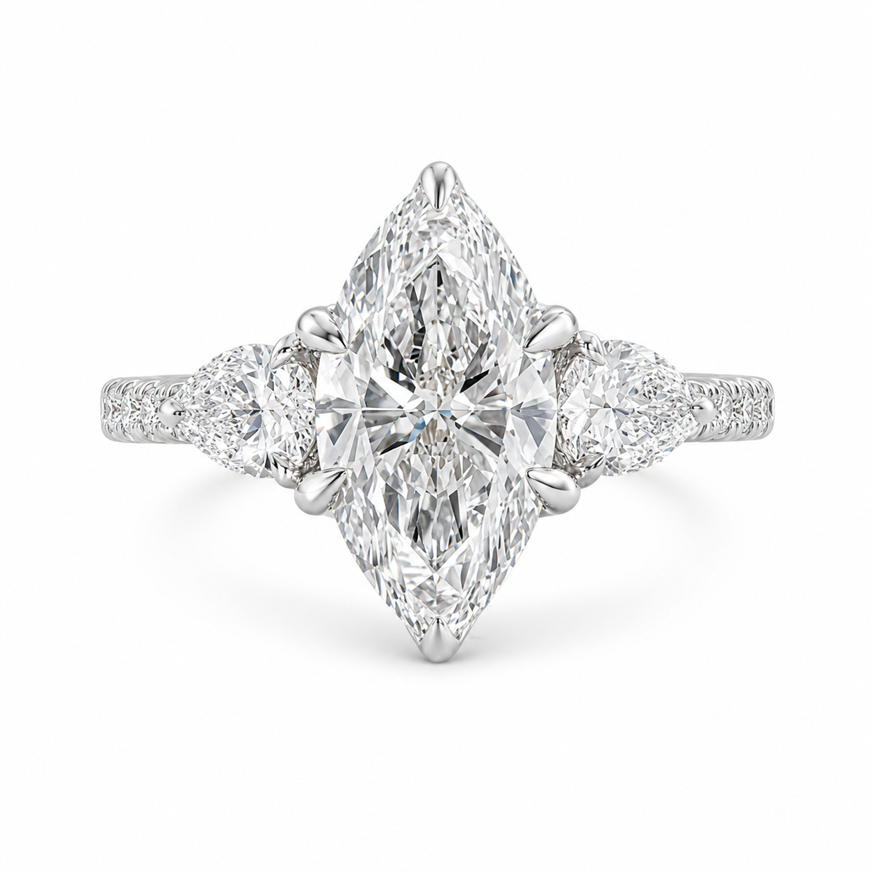 3.00 CT Marquise Cut Lab-Grown Diamond Three-Stone Engagement Ring in 14K White Gold – Pear Side Diamond Pavé Trilogy Design
