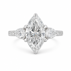 3.00 CT Marquise Cut Lab-Grown Diamond Three-Stone Engagement Ring in 14K White Gold – Pear Side Diamond Pavé Trilogy Design