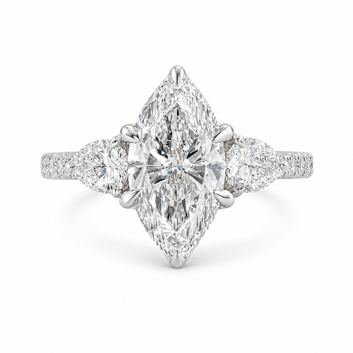 3.00 CT Marquise Cut Lab-Grown Diamond Three-Stone Engagement Ring in 14K White Gold â€“ Pear Side Diamond PavÃ© Trilogy Design from Diamond Studio