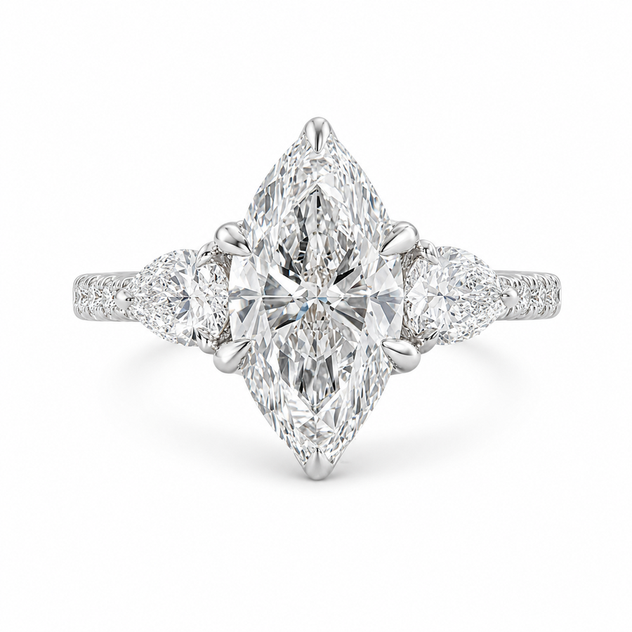3.00 CT Marquise Cut Lab-Grown Diamond Three-Stone Engagement Ring in 14K White Gold – Pear Side Diamond Pavé Trilogy Design