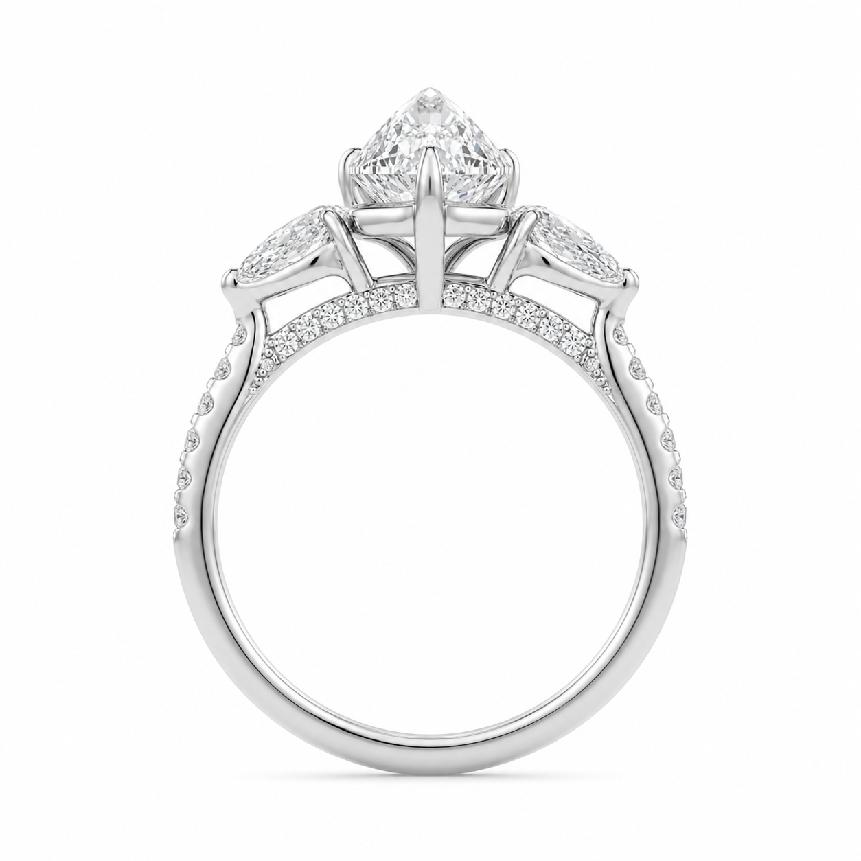 3.00 CT Marquise Cut Lab-Grown Diamond Three-Stone Engagement Ring in 14K White Gold – Pear Side Diamond Pavé Trilogy Design